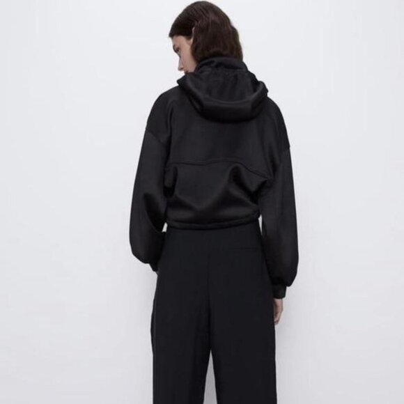 NEW Zara Women's Cropped Hooded Bomber Jogger Jacket Black - Picture 6 of 12